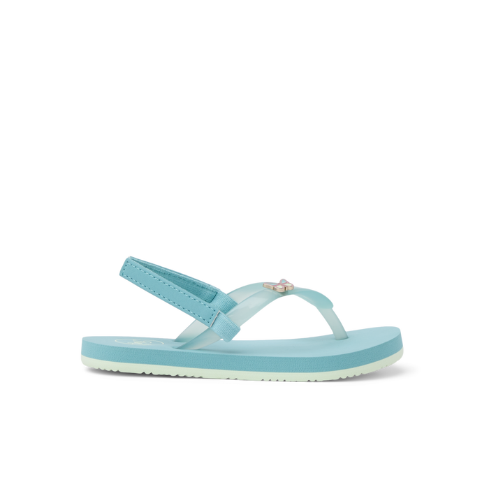 Light blue children's flip-flop sandal with ankle strap, side view on white background