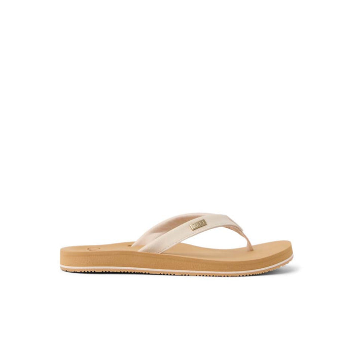 Women's flip-flop sandal with beige sole and cream thong strap, side view