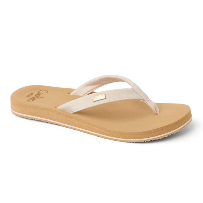 Women's flip flop sandal with beige straps and tan footbed, side angle view
