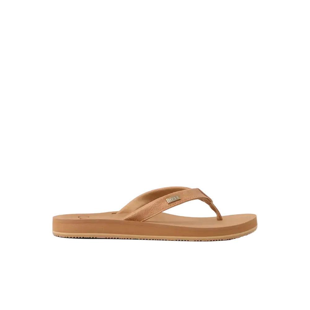 Tan colored women's flip-flop sandal with thong strap, side profile view on white background