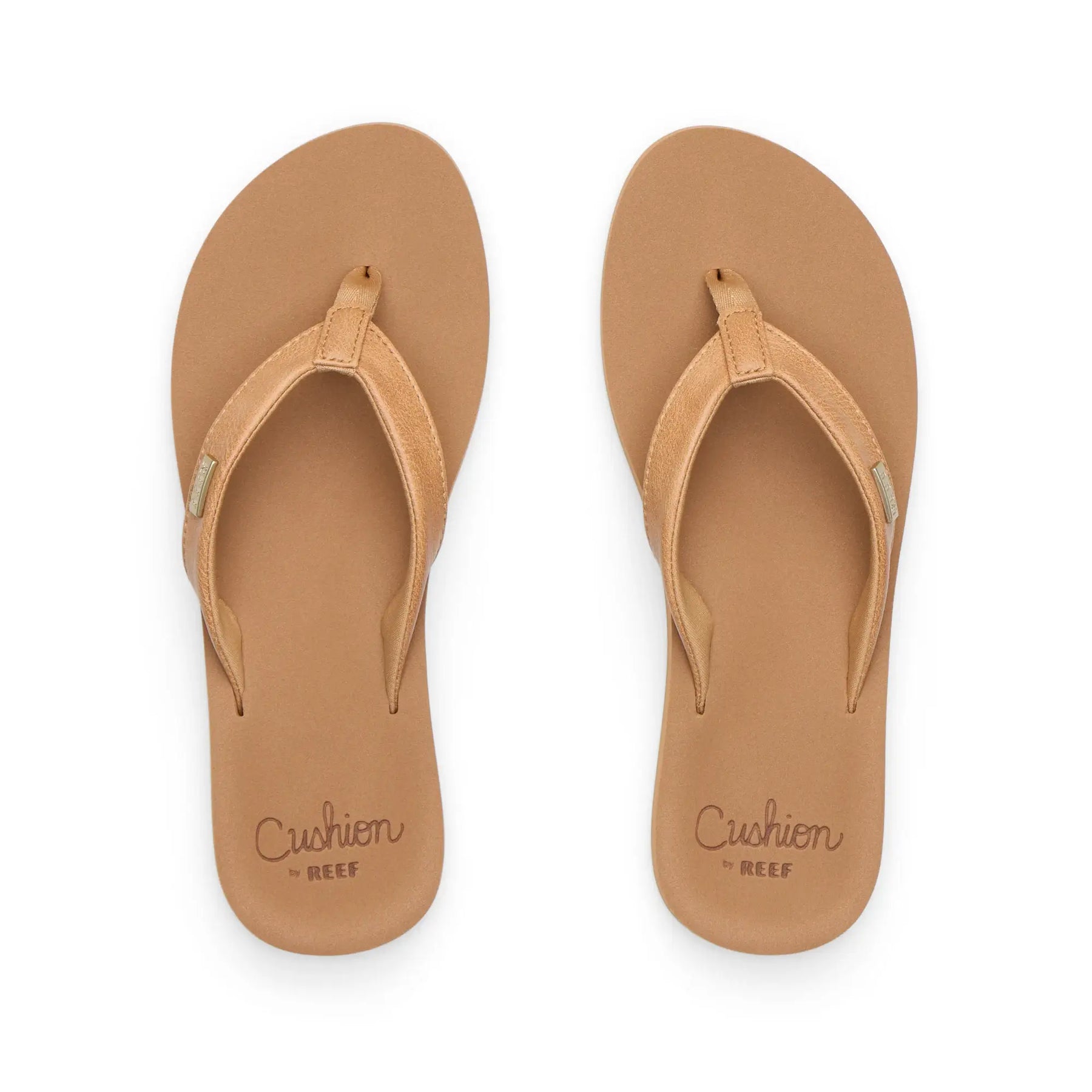 Tan leather flip-flop sandals with cushioned footbed, top-down view showing both sandals