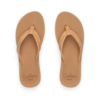 Tan leather flip-flop sandals with cushioned footbed, top-down view showing both sandals