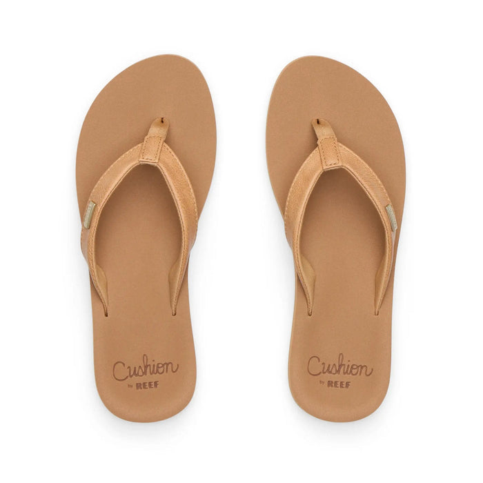 Tan leather flip-flop sandals with cushioned footbed, top-down view showing both sandals