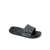 Black slide sandal with checkered pattern strap, side angle view on white background