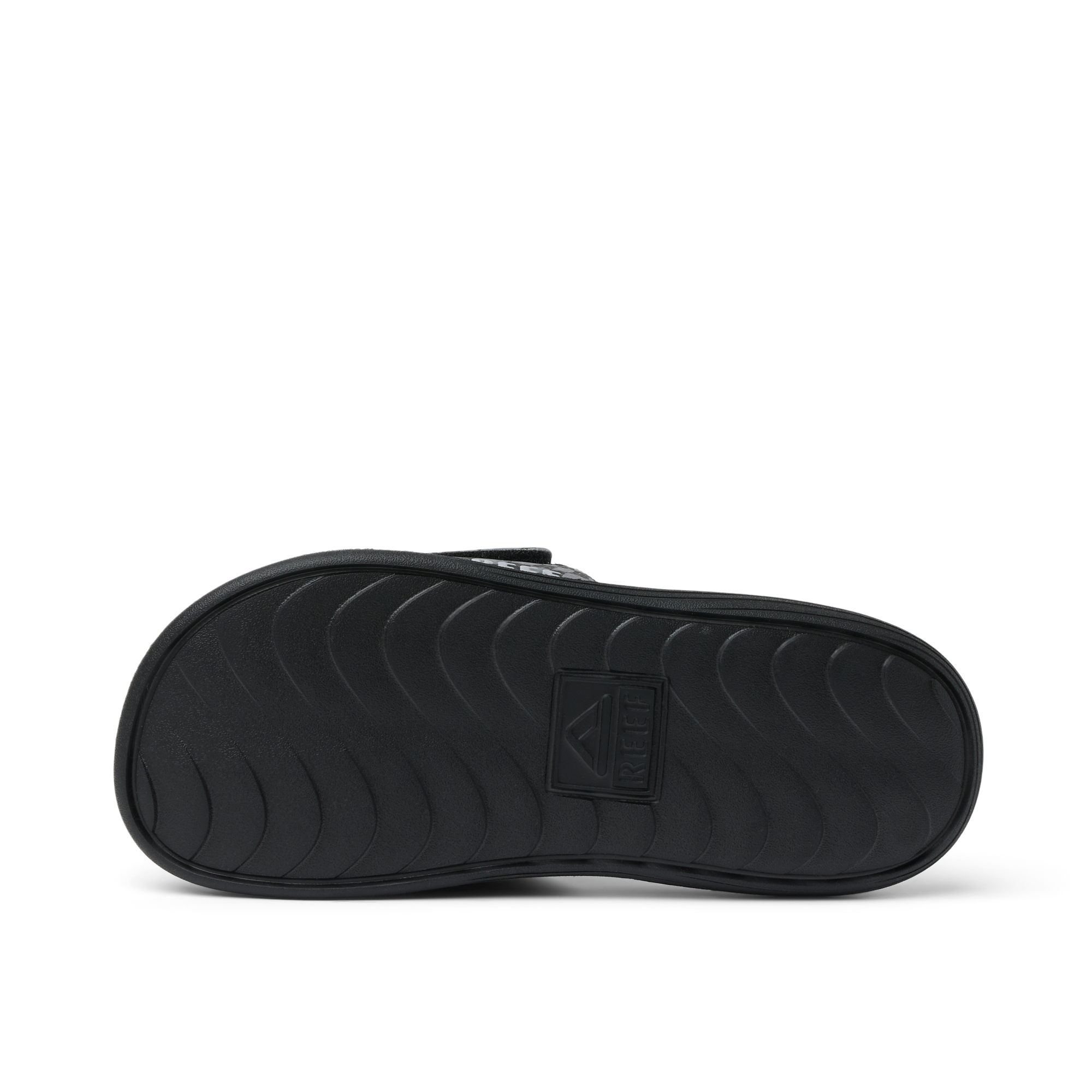 Black slide sandal with textured footbed, bottom sole view showing tread pattern