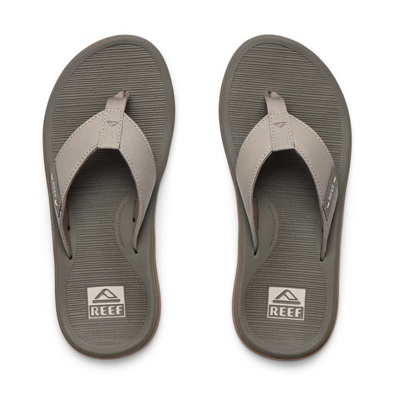 Gray leather flip flop sandals with textured footbeds shown from above