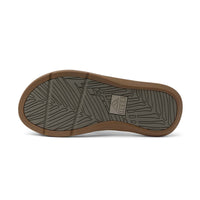Bottom view of brown leather sandal showing gray sole with geometric tread pattern