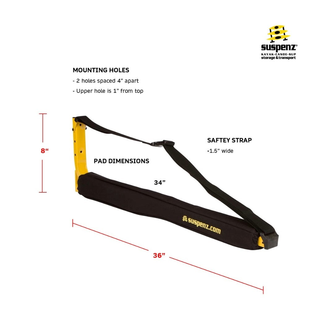 Canoe rack with black padding and yellow mounting bracket, showing dimensions and safety strap
