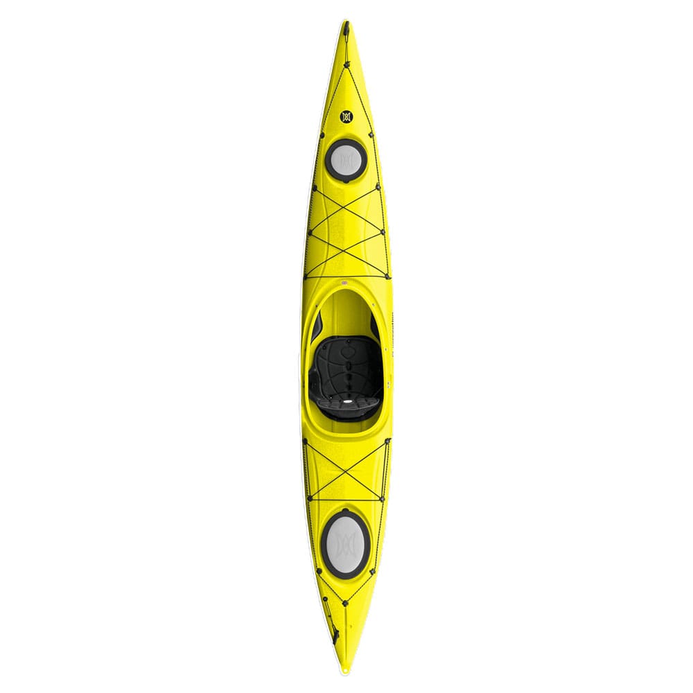 Single sit-in kayak viewed from above, showing cockpit, deck rigging, and hatch covers