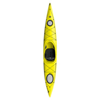 Single sit-in kayak viewed from above, showing cockpit, deck rigging, and hatch covers