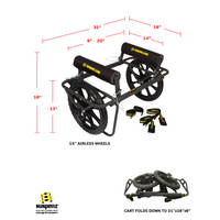 Folding wheeled cart with airless tires, padded crossbars, and dimensional measurements displayed