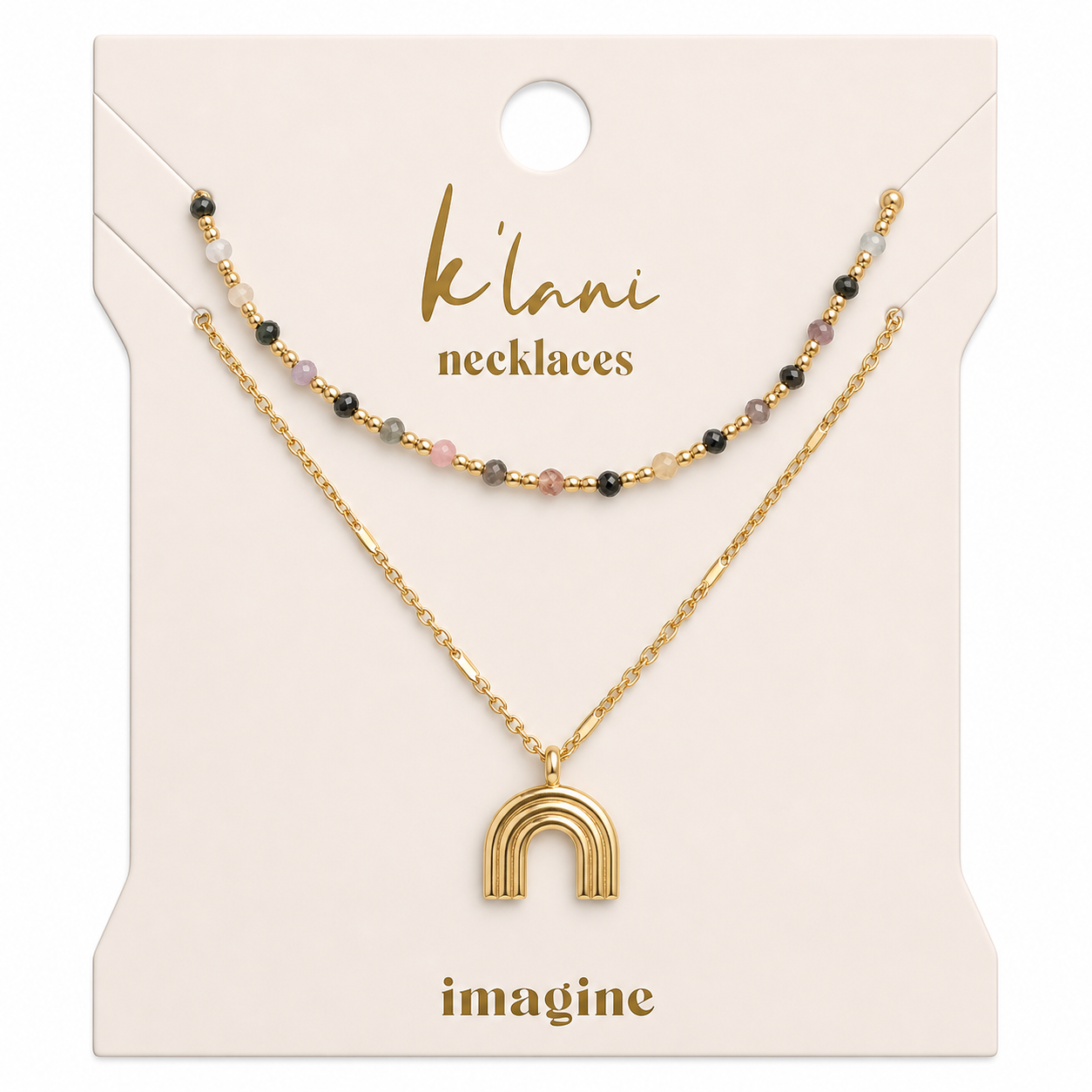 Two-piece necklace set with multicolor beaded strand and gold rainbow arch pendant on display card
