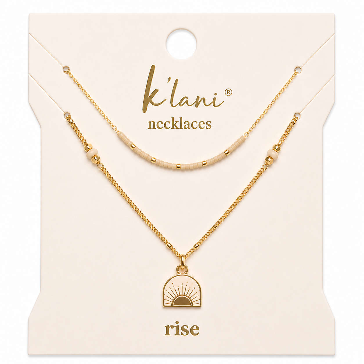 Two-piece layered necklace set with beaded strand and gold sunrise charm pendant on display card