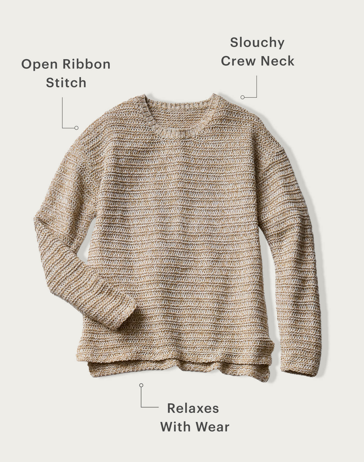 Tan marled knit sweater with crew neck and long sleeves, front view on beige background