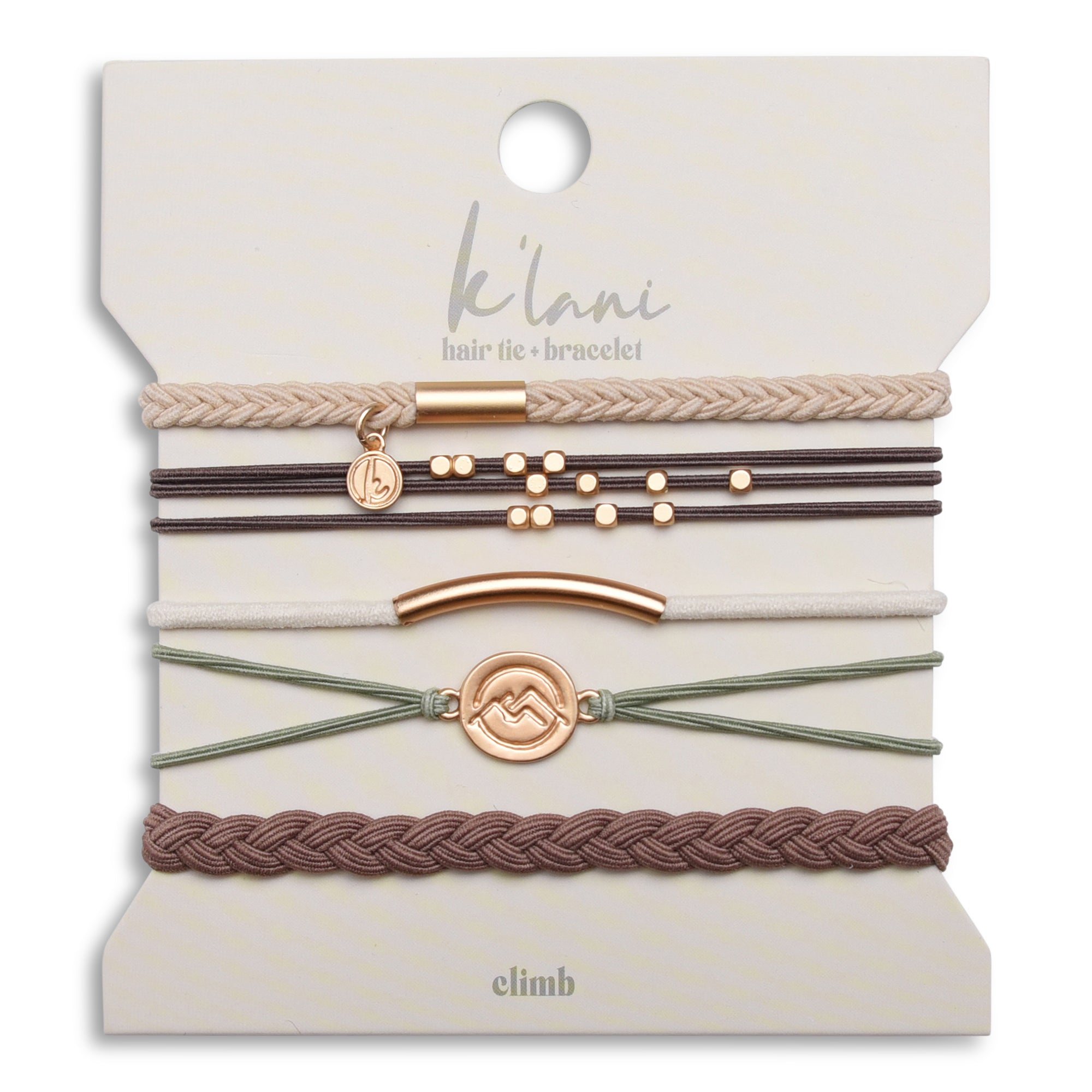 Set of five hair tie bracelets in earth tones with gold-tone accents and mountain medallion charm