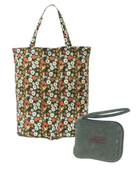 Floral tote bag with dark background and small olive green wristlet pouch, convertible design