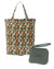 Floral tote bag with dark background and small olive green wristlet pouch, convertible design