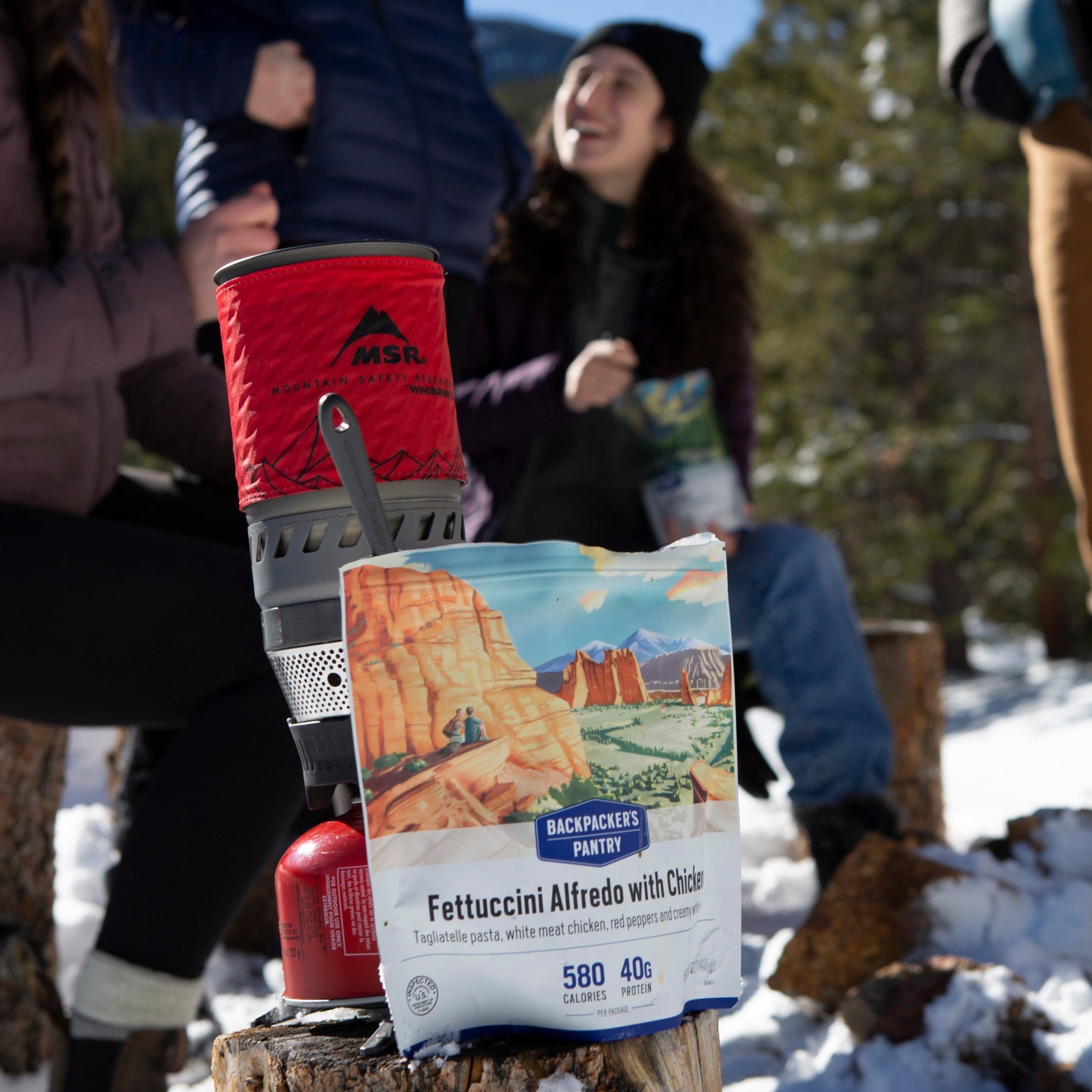 Freeze-dried meal pouch with desert landscape artwork and portable camping stove in snowy outdoor setting