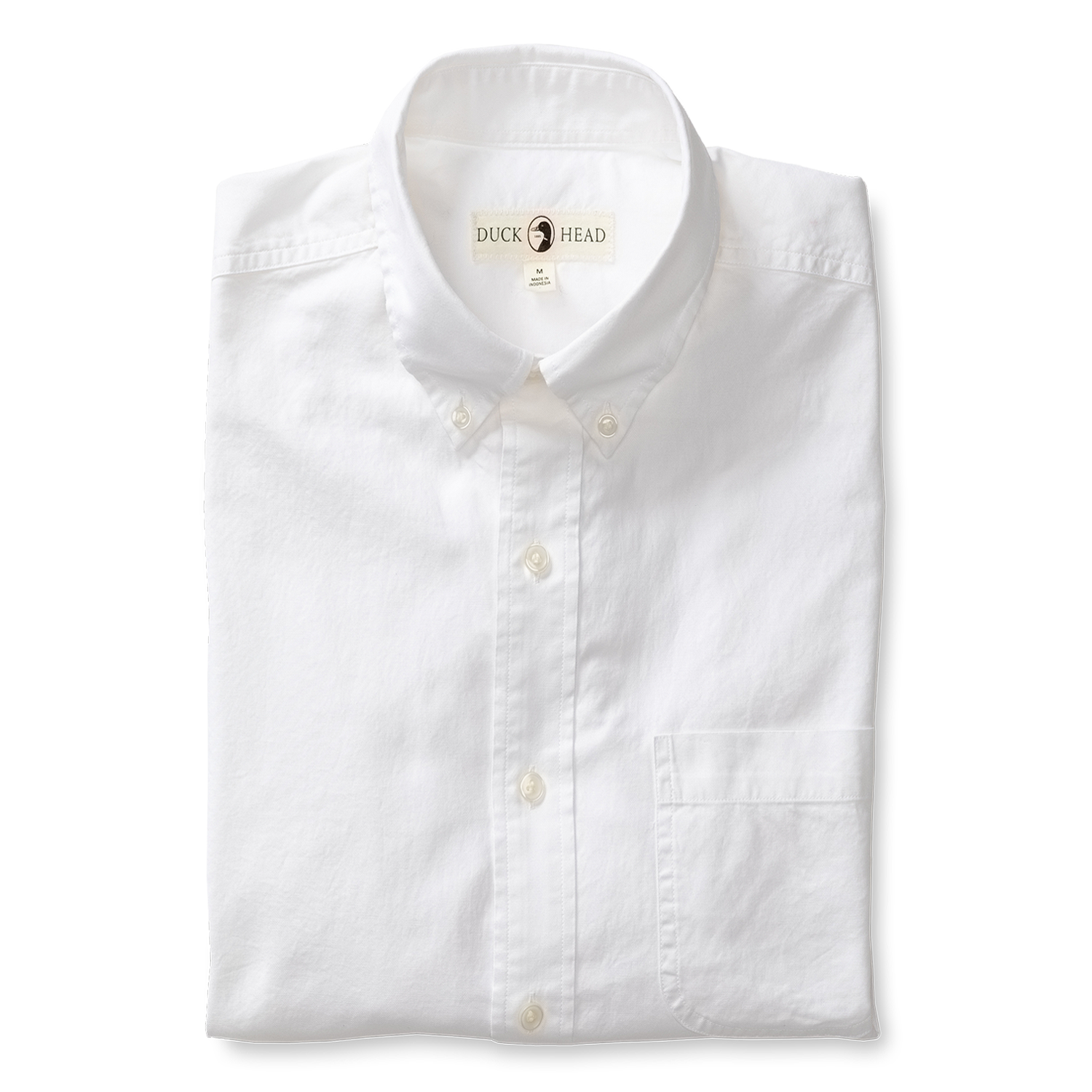 White cotton oxford dress shirt with button-down collar and chest pocket, front view