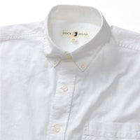 White long sleeve button-down shirt with button-down collar, front view detail