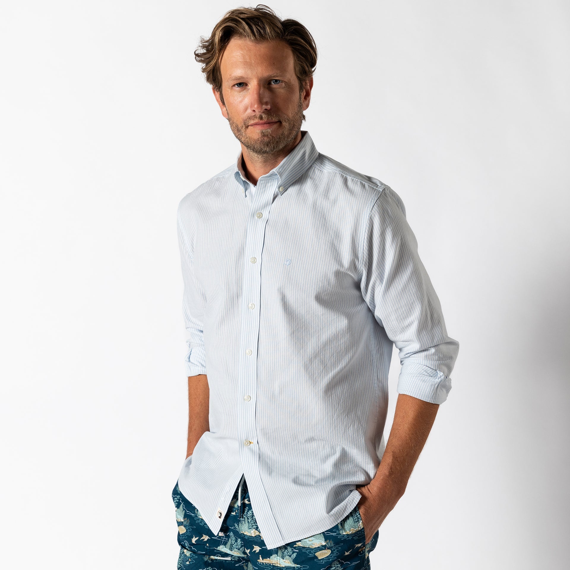 Duck Head Ms SS Linen Cotton Oxford Sports Shirt - Baxter Stripe