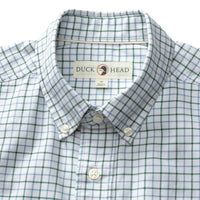 Men's button-down collar plaid oxford shirt with green and blue tattersall check, flat lay close-up