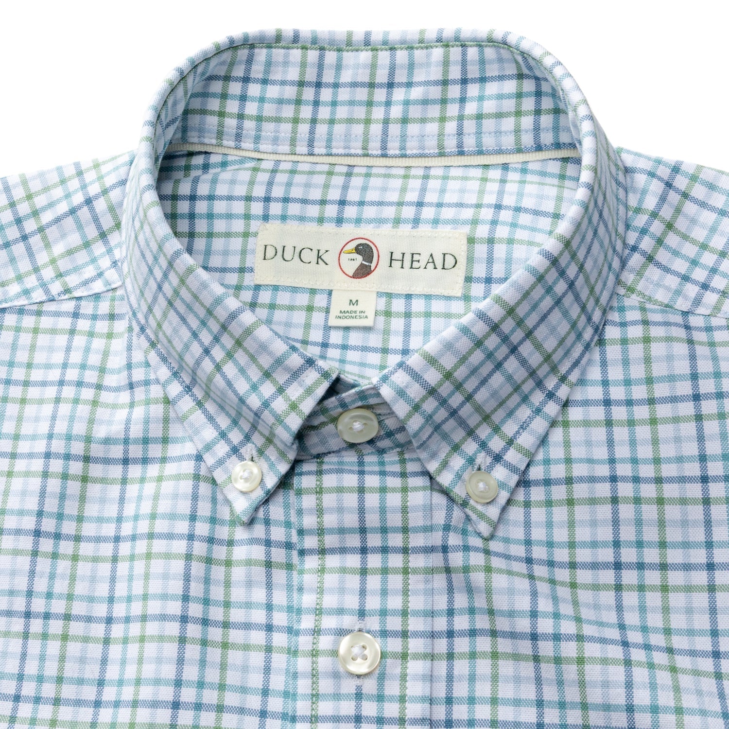 Plaid button-down shirt with blue and green check pattern, collar detail view