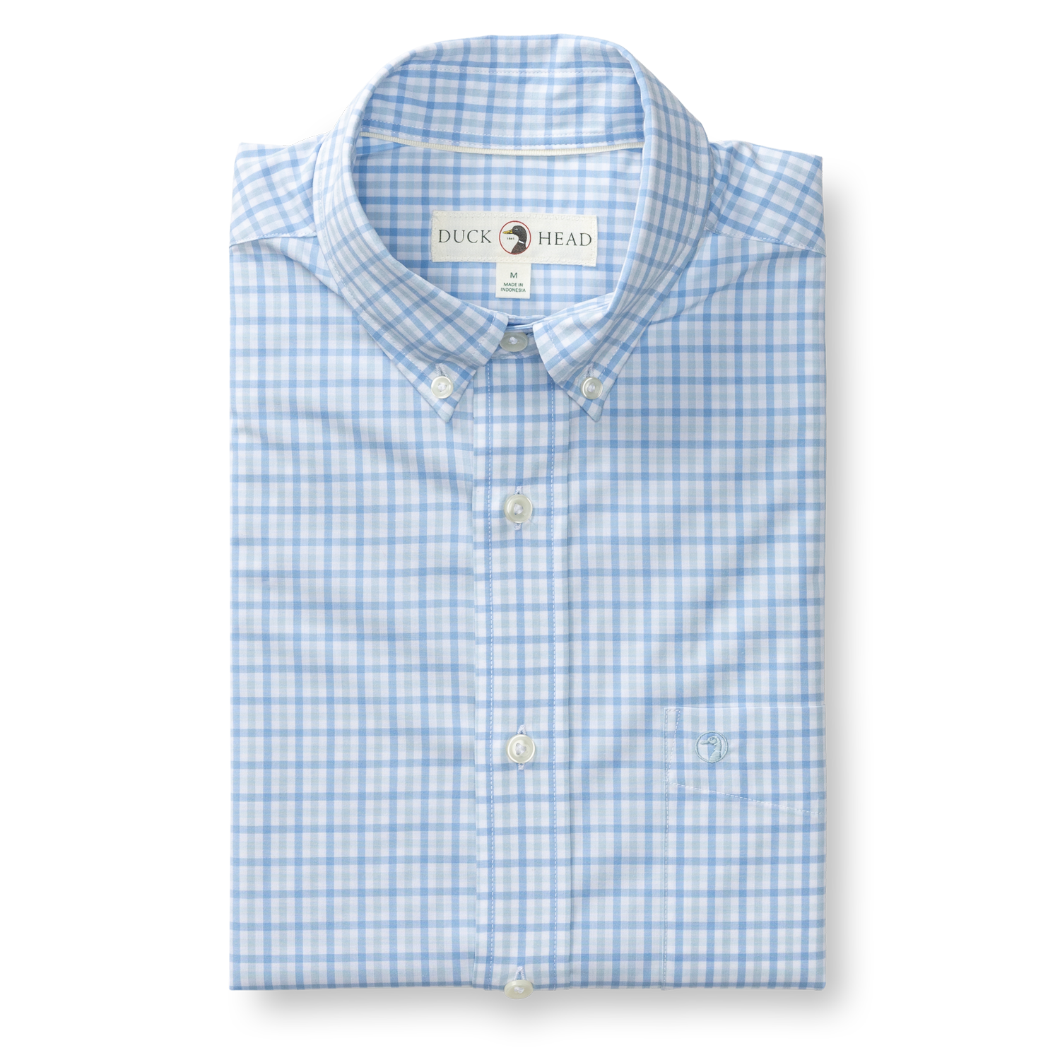 Light blue gingham check dress shirt with button-down collar and chest pocket, front view