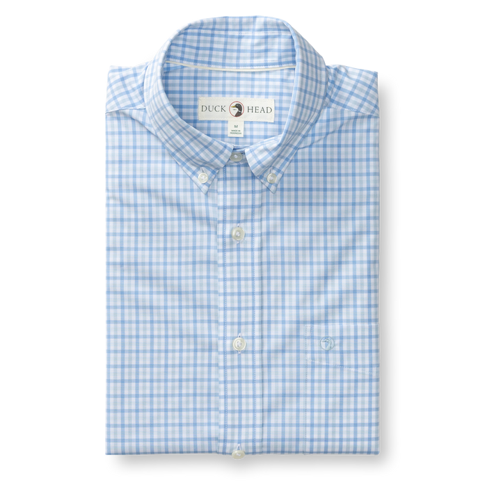 Light blue gingham check dress shirt with button-down collar and chest pocket, front view