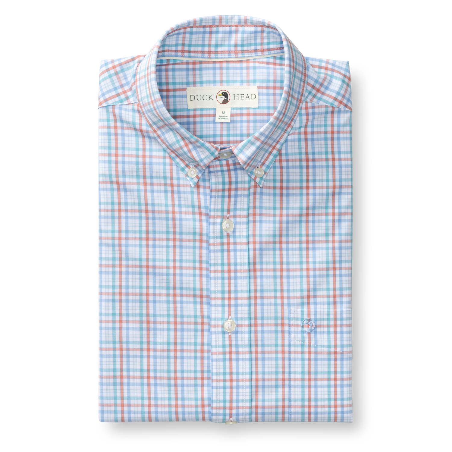 Light blue and coral plaid long sleeve dress shirt with button-down collar, front view