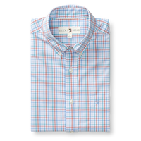 Light blue and coral plaid long sleeve dress shirt with button-down collar, front view