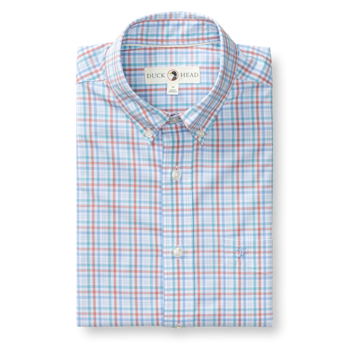 Light blue and coral plaid long sleeve dress shirt with button-down collar, front view