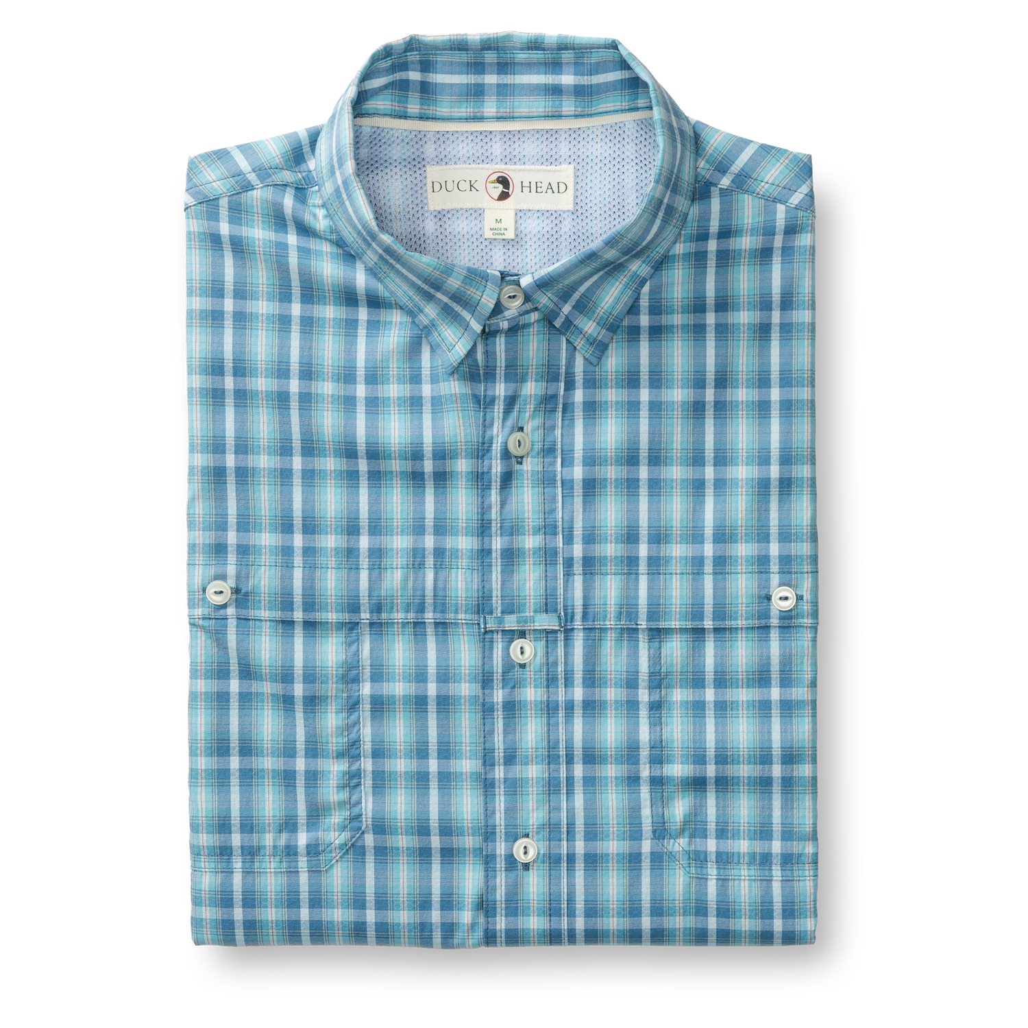 Light blue plaid button-up shirt with chest pocket, folded front view