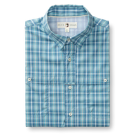 Light blue plaid button-up shirt with chest pocket, folded front view