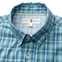 Blue plaid long sleeve button-down shirt with collar detail and chest pocket