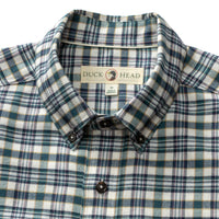 Men's plaid flannel button-down shirt collar detail with blue, teal, and white tartan pattern