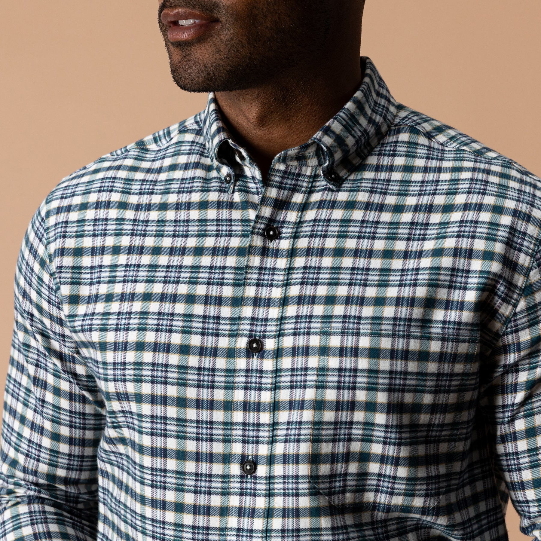 Men's plaid flannel button-down shirt with button-down collar, close-up front view on model