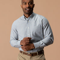 Men's long-sleeve plaid button-down Oxford shirt with chest pocket, front on-model view