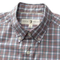 Men's plaid button-down collar shirt, close-up of collar and chest with brand label visible
