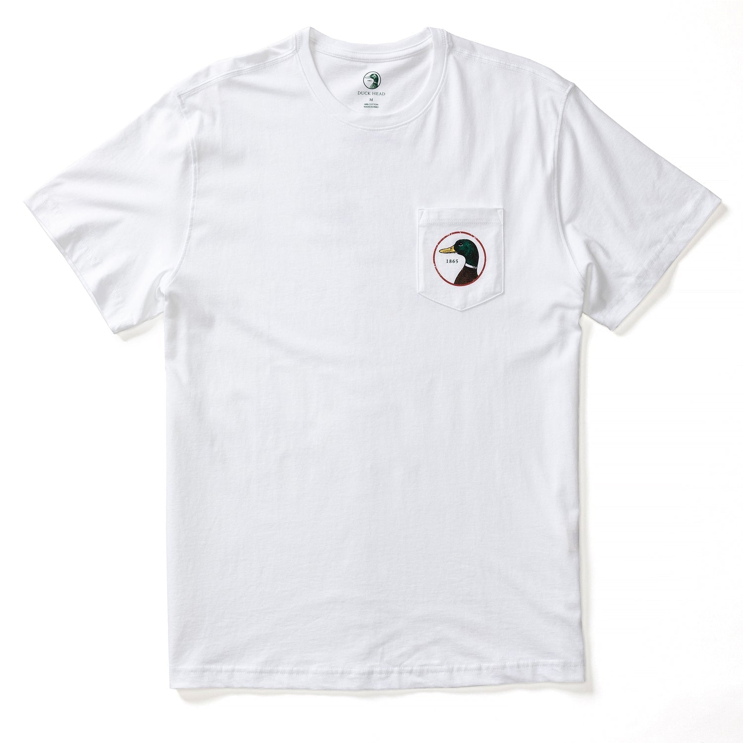 White short sleeve t-shirt with chest pocket featuring circular logo design