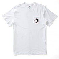 White short sleeve t-shirt with chest pocket featuring circular logo design