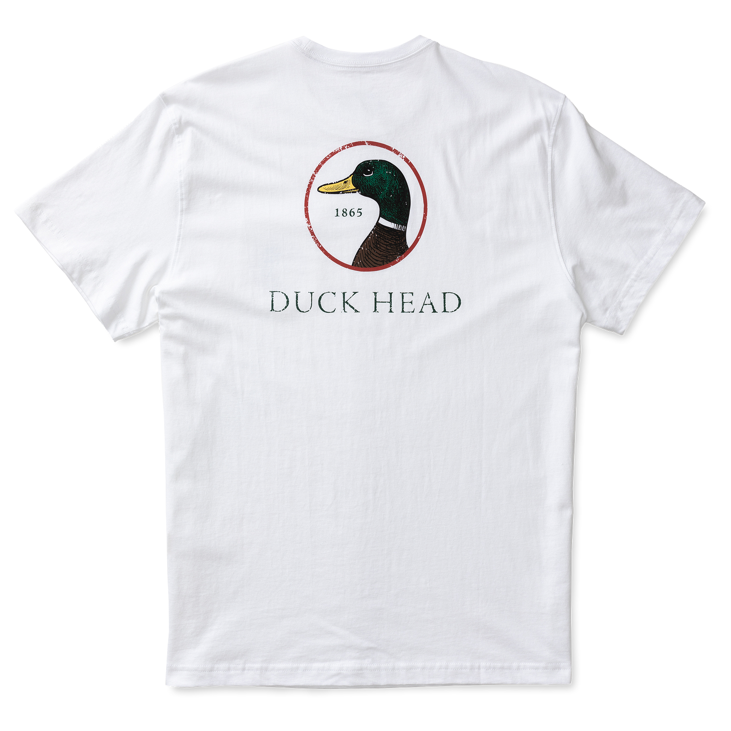 White short sleeve t-shirt with duck head logo on back, flat lay view