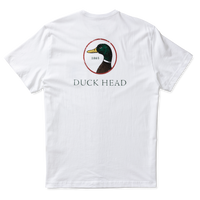 White short sleeve t-shirt with duck head logo on back, flat lay view