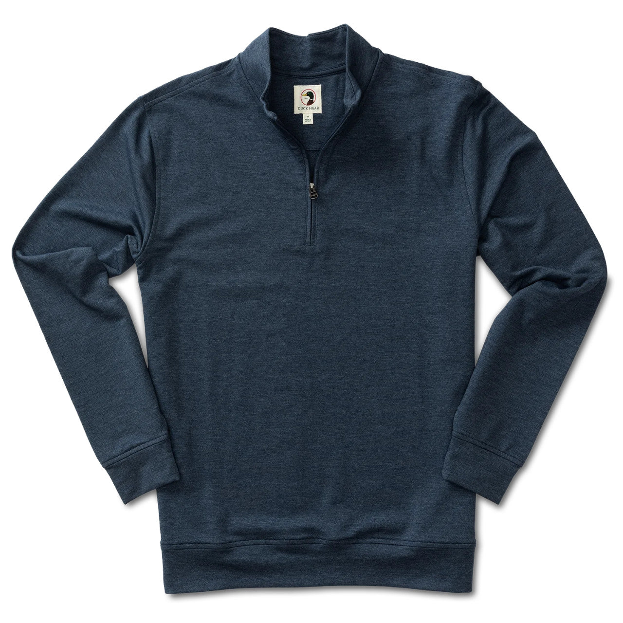 Navy blue heathered quarter-zip pullover sweatshirt with long sleeves on white background