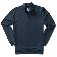 Navy blue heathered quarter-zip pullover sweatshirt with long sleeves on white background