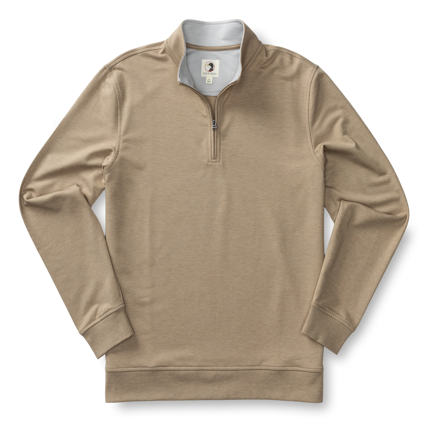 Tan heathered quarter-zip pullover with long sleeves on white background