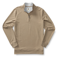 Tan heathered quarter-zip pullover with long sleeves on white background
