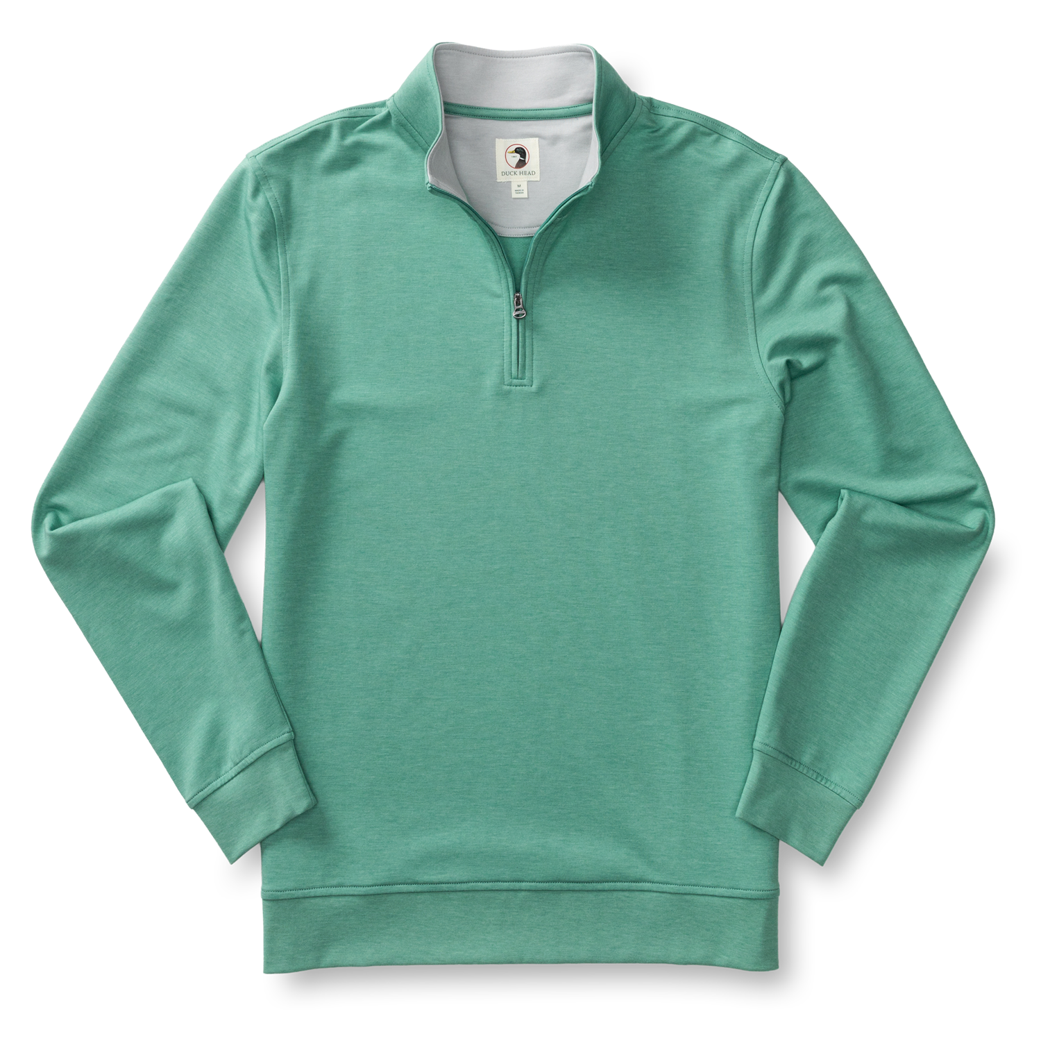 Men's sage green quarter-zip pullover sweatshirt with long sleeves on white background