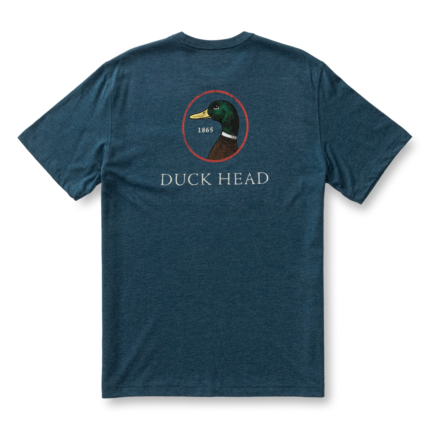 Heathered blue t-shirt back view with duck logo and text design