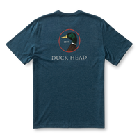 Heathered blue t-shirt back view with duck logo and text design